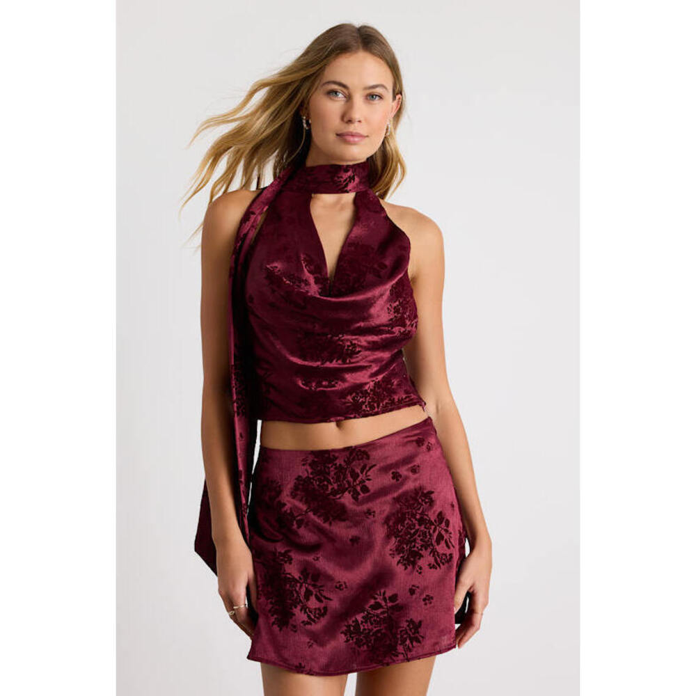 Lulus Corvina Burgundy Satin Jacquard Cowl Sash Tank Top Red - Size M